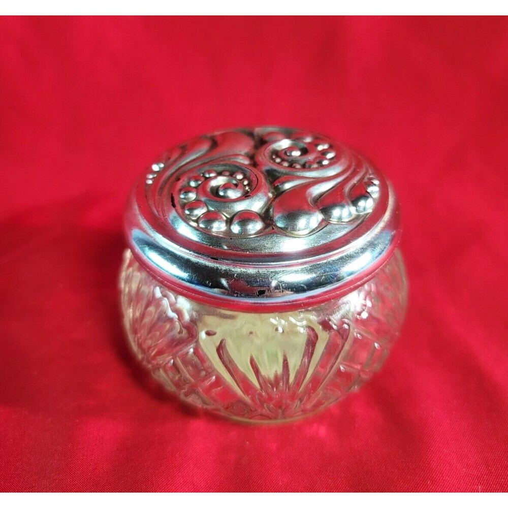 Avon Vanity Jar Ornate Raised Embossed Lid VTG 70s Pressed Glass Container